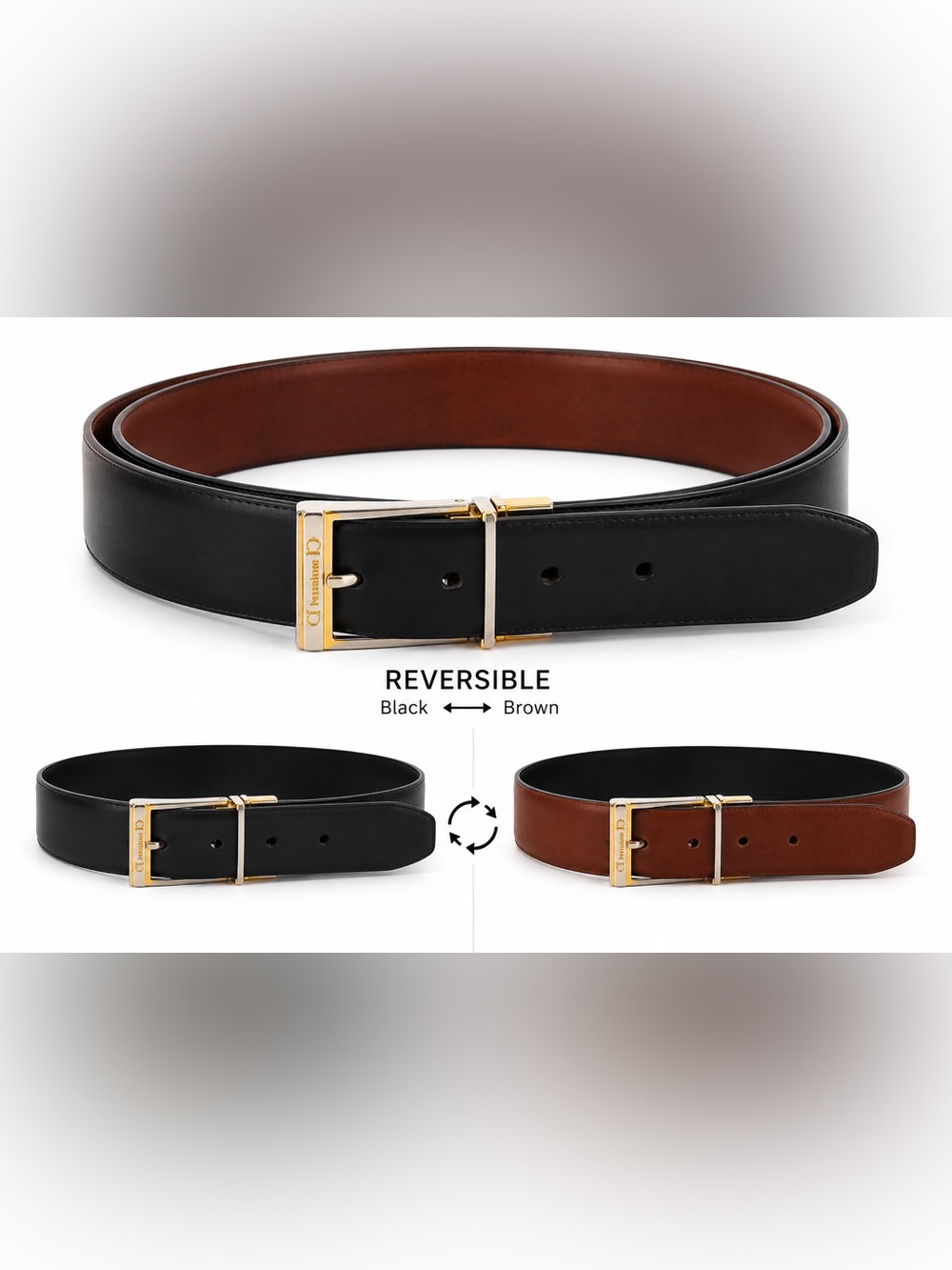 Vintage Christian Dior Reversible Leather Belt 40” Black Brown Two-Tone Buckle